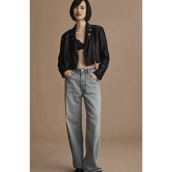 By Anthropologie Sequin Cropped Black Moto Jacket Size Large NWT - Picture 5 of 15